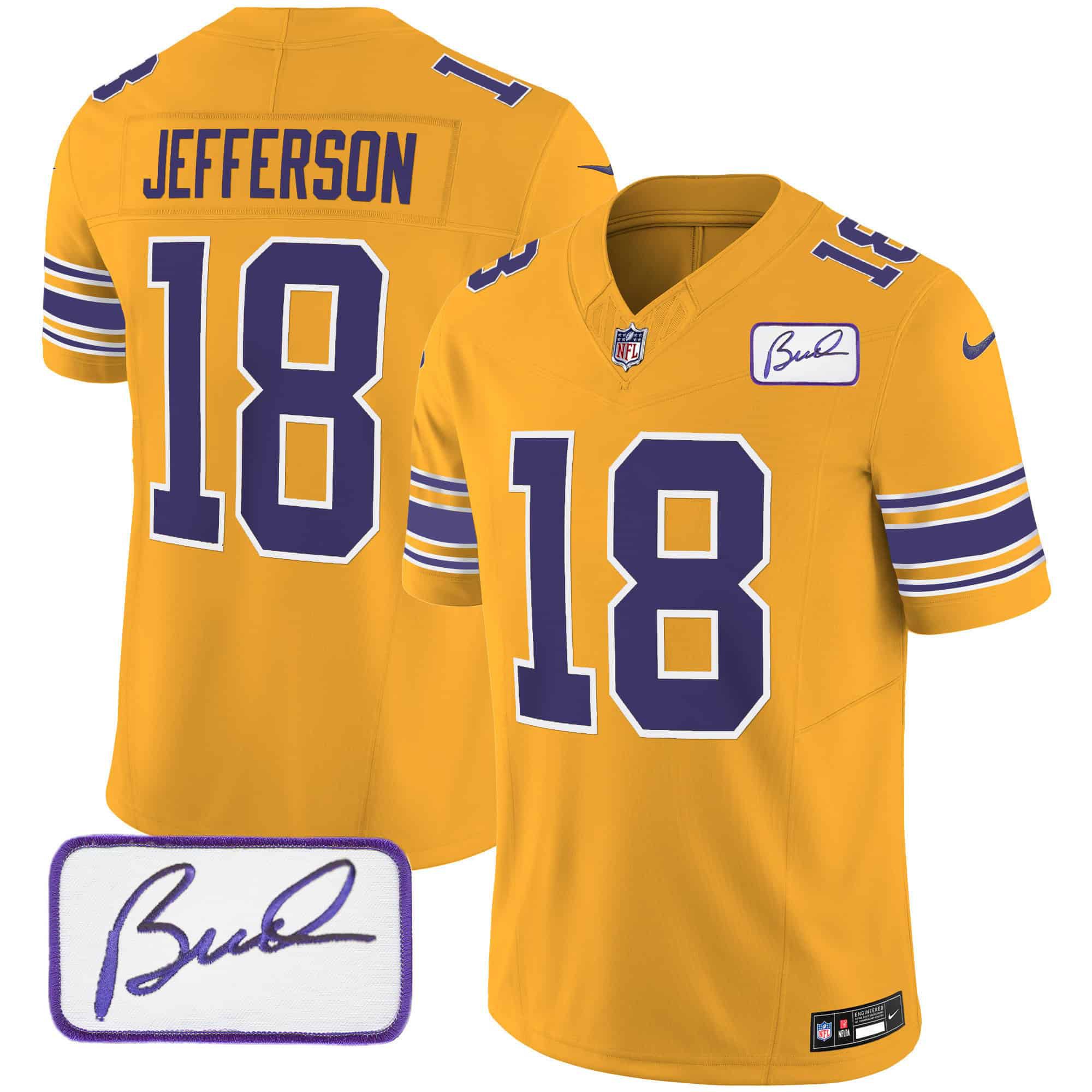 Men Minnesota Vikings 18 Jefferson Yellow 2024 Nike Bud Grant Patch Classic Limited NFL Jersey